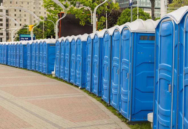 hygienic portable restrooms lined up at a music festival, providing comfort and convenience for attendees in Albany IN